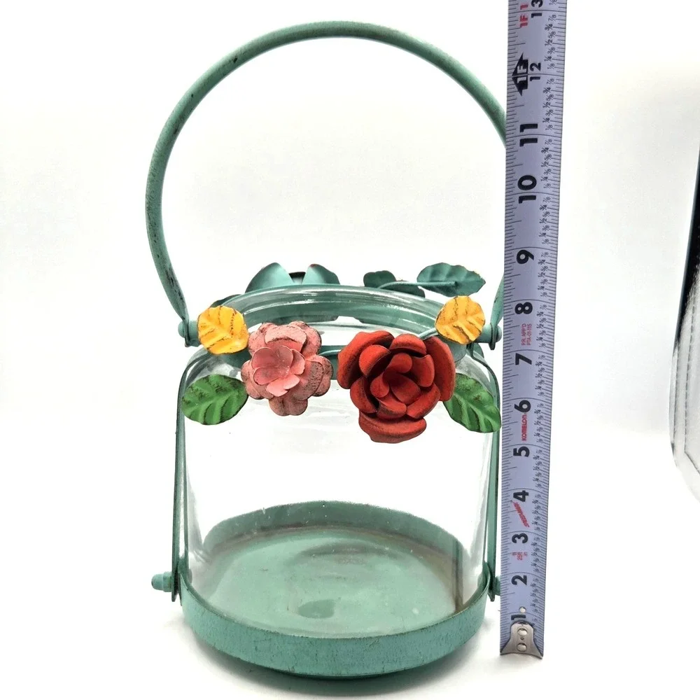 Green Metal Candle Holder Lantern with Flowers Cottagecore Garden‎ Decor